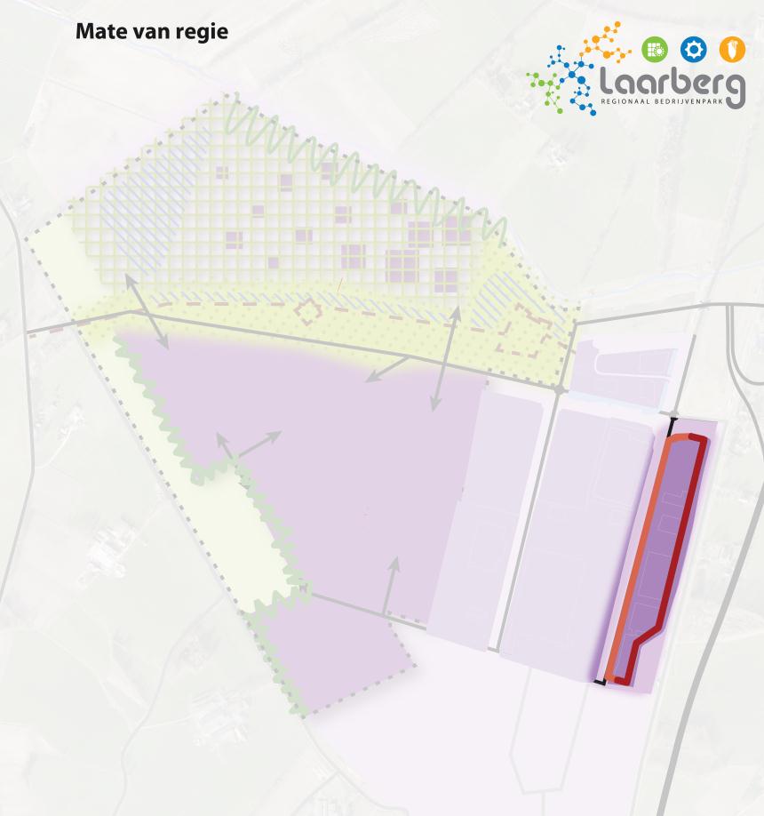 7 TWENTEROUTE Langs de huidige N18 ligt een rand van moderne bedrijfsbebouwing achter een brede groenstrook met verschillende typen grasland.