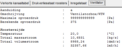 De ventilator in het kantoor heeft een berekende opvoerdruk van 375Pa voor de kanalen en roosters. De hoeveelheid af te zuigen lucht is gelijk aan 98% van de ingeblazen lucht.