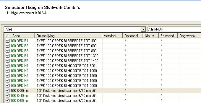 Selecteer Hang en Sluitwerk Combies 1) Vink de onderdelen aan die geïmporteerd moeten worden. 2) Bovenin het scherm kan gefilterd worden om het selecteren makkelijker te maken.