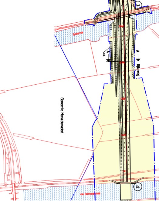 van de rijbanen inbegrepen, inclusief midden- en zijbermen, bermsloten, inen uitvoegstroken, aanpassingen aan kruisende infrastructuur met bijbehorende voorzieningen, kunstwerken, aansluitingen,