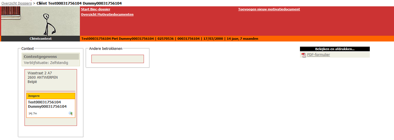 Als de jongere reeds gekend is in DoMinO, zal je onmiddellijk het scherm van de cliëntcontext te zien krijgen (zie 3.