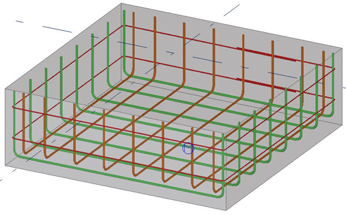 Tekla Structures voegt de flank- en onderwapening in het betonblok in. 2.