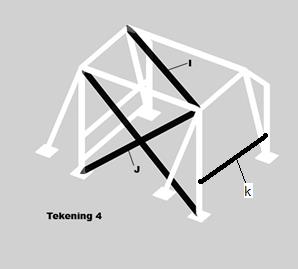 20 Dakverstevigingsbuis I diagonaal van rechtsachter naar linksvoor. Kruis versteviging J voor de hoofdbeugel. Onderzijden van het kruis max. 10 cm vanaf de voetplaten. Buis K aan de bijrijderszijde.
