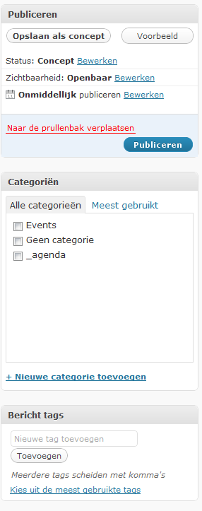 Dan gaan we naar de rechterrij op dezelfde pagina. In het menu publiceren kan je het bericht opslaan als concept en het bericht dus later weer verder gaan met het bericht.