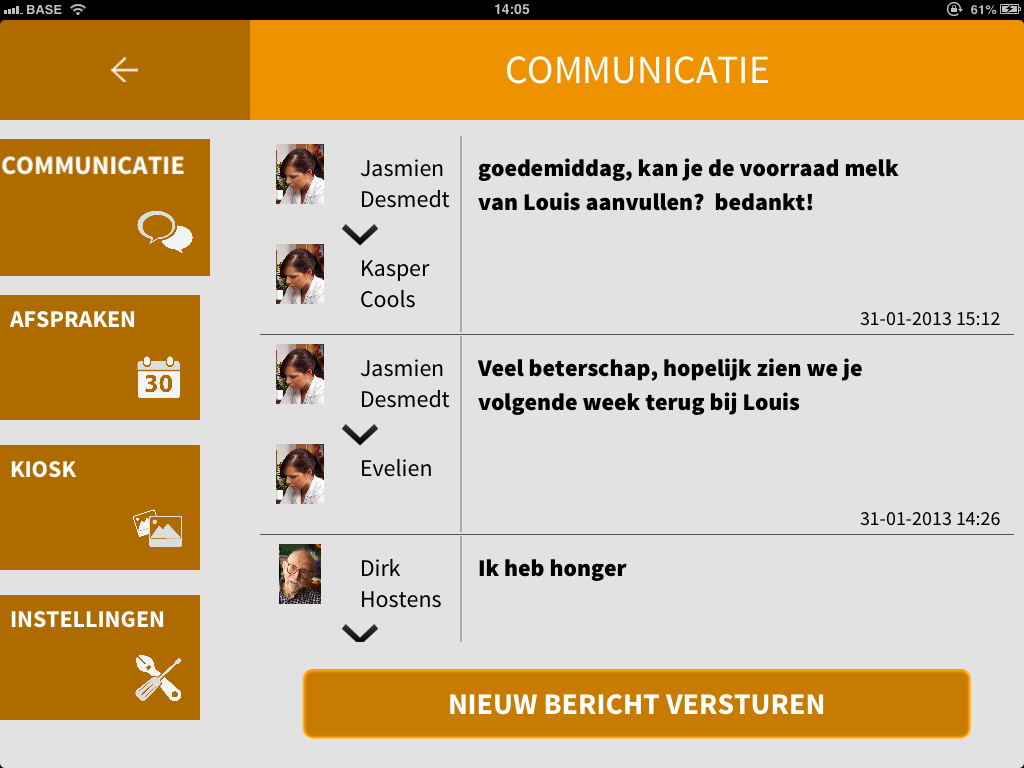 DASHBOARD a. Pijl om terug te keren naar inlogscherm b. Communicatie: van hieruit kan je berichten versturen naar de mantelzorger en/of hulpverlener c.