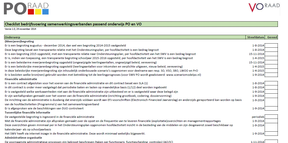 Checklist bedrijfsvoering SWV http://www.steunpuntpassendonderwijs-vo.