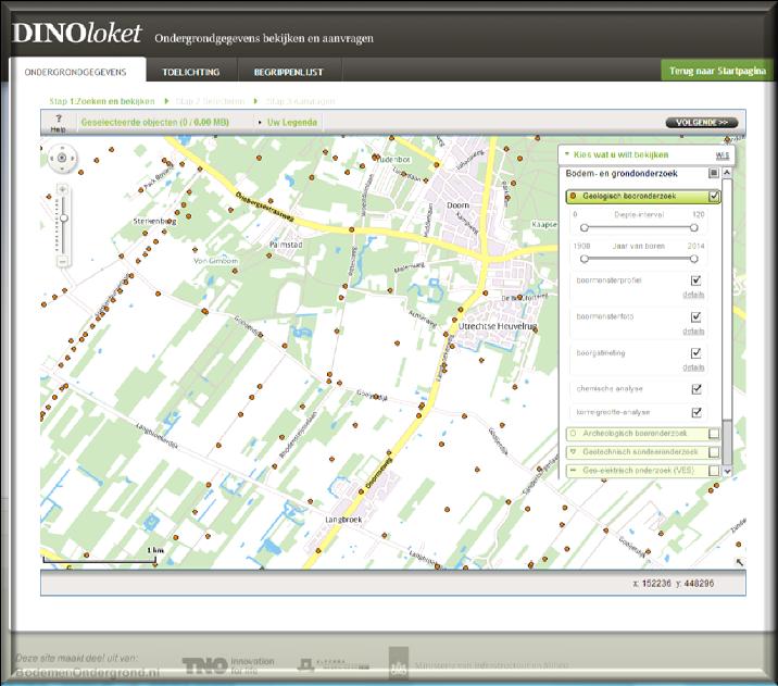 Figuur 1-3 Open het tabblad "Ondergrondgegevens" Figuur 1-4 Selecteer wat je wilt bekijken Figuur 1-5 Zoom op de kaart naar de gewenste locatie en filter voor specificering van de gewenste type data