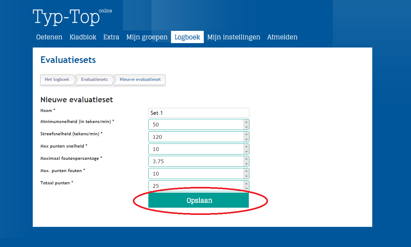 Je krijgt een scherm te zien met de volgende velden: naam: kies een naam voor je evaluatieset; minimumsnelheid: geef de snelheid op die de leerling minstens behaald moet hebben om punten te kunnen