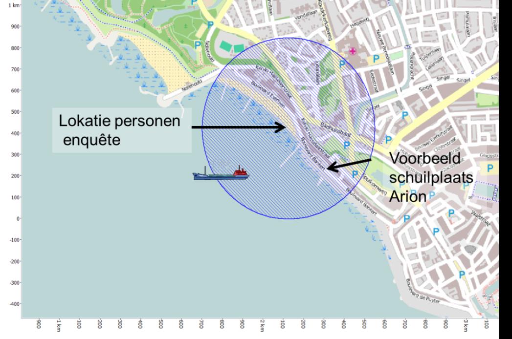 Figuur 6.17b: Contour van de overdrukeffecten van de gaswolkexplosie bij Vlissingen. In de figuren 6.18a en 6.