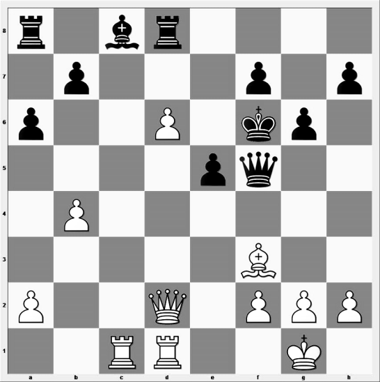 4. Pf3 Pf6 5. Lg5 Pbd7 6. e3 c6 7. Le2 0-0 8. 0-0 Dc7 9. Tc1 a6 10. Dd2 c5 11. e4 cxd4 12. Pxd4 e5xd4 13. Pb3± Pc5 14. Pxc5 Dxc5 15. Tfd1 Td8 16. Lxf6 Lxf6 17. Pd5 Kg7 18. b4 Dc6 19. Pxf6 Kxf6 20.