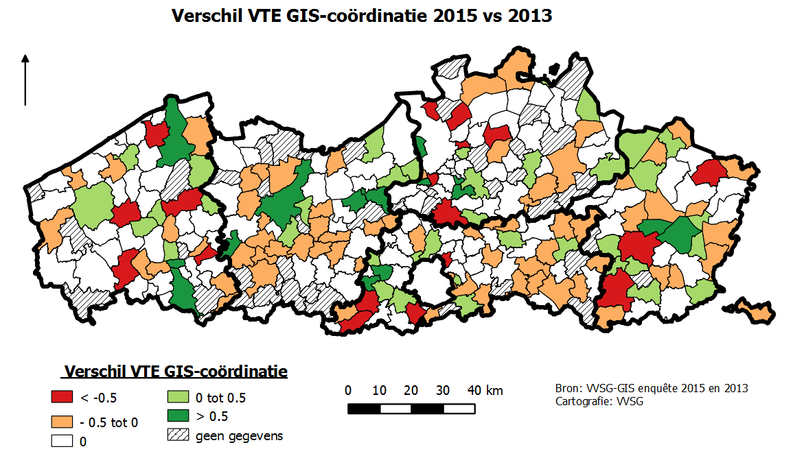 Aantal VTE ingezet aan GIS-coördinatie bij de lokale besturen in Vlaanderen, 2015 3% 26% 4% 19% Geen gegevens Geen GIS-coördinator 0,1 t.e.m. 0,5 VTE 0,6 t.e.m. 0,9 VTE 2% 46% 1 VTE 1,1 t.e.m. 5 VTE 5.