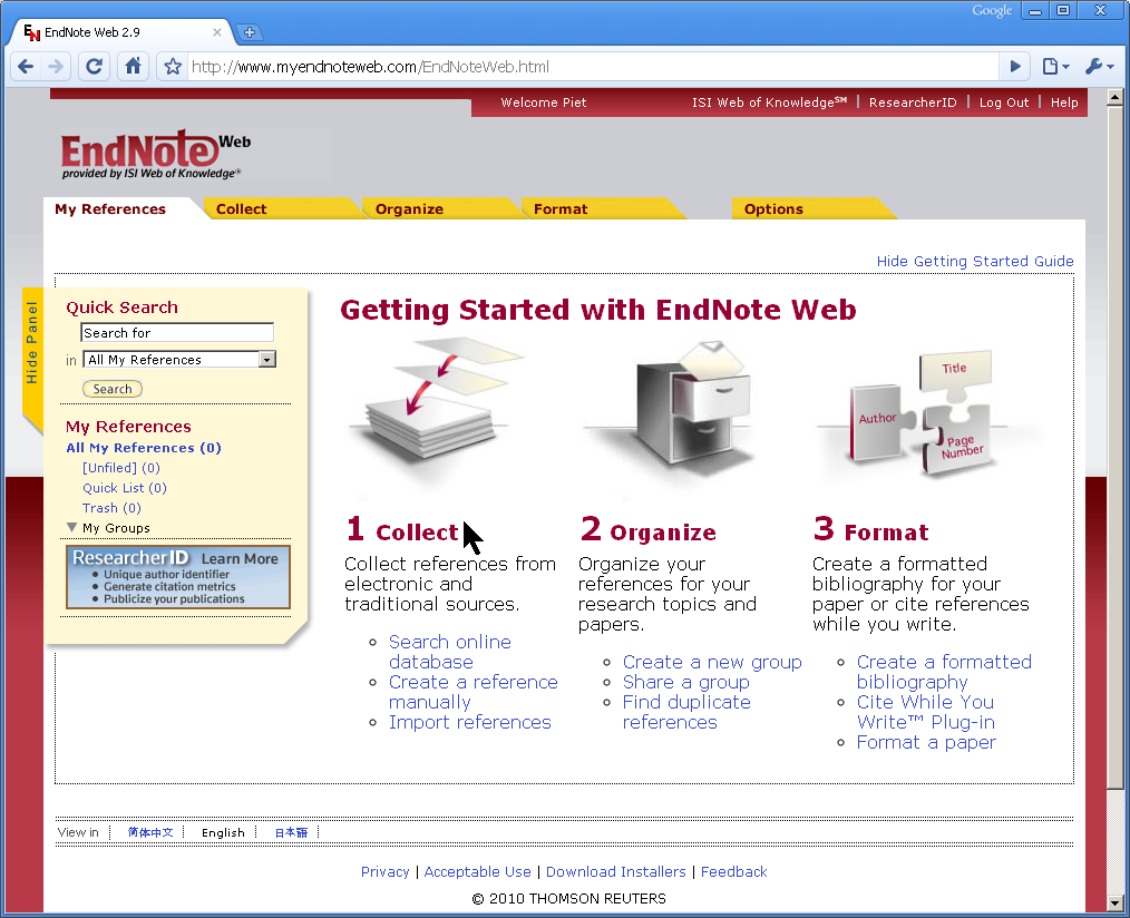 MedBib-handleiding EndNote Web 6 / 21 11. Klik [I Agree] 2.1.1. Getting Started Guide Dan verschijnt de 'Getting Started Guide' 2.2. U heeft een account?