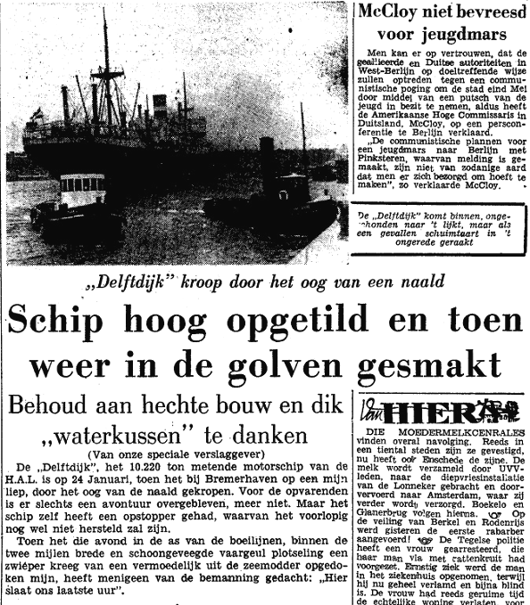 motoren ingebouwd, 10-1-1952 te Schiedam nieuw brandmerk 4388 Z ROTT 1929, 12-1-1952 proefvaart, 28-2-1952 in de vaart als DONGEDYK. 10.942 BRT. 50 passagiers. 16 kn. 9.