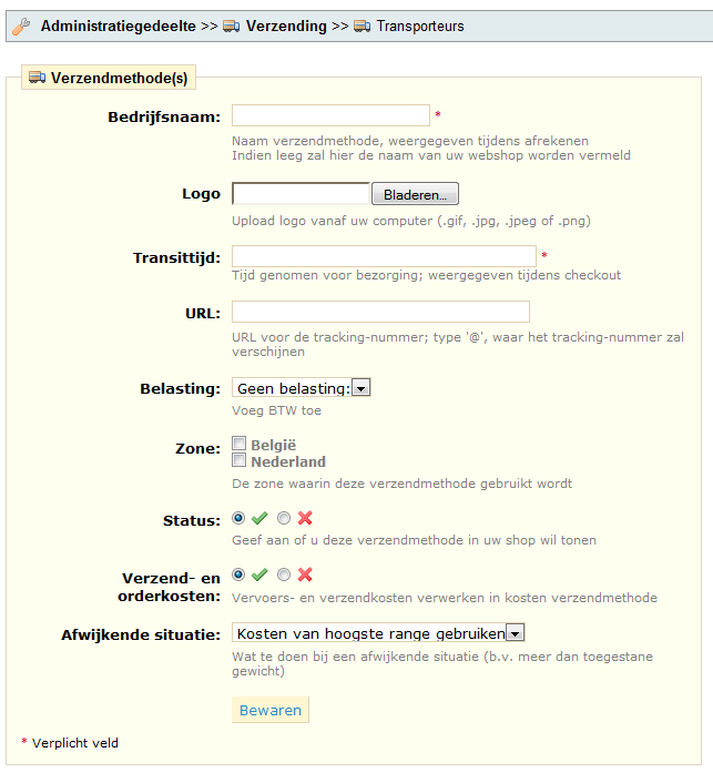 4. VERZENDKOSTEN INSTELLEN Om verzendkosten in te stellen dient u eerst transporteurs aan te maken. Hiervoor gaat u naar het tabblad Verzending/transporteurs. U klikt hier op Nieuwe toevoegen.