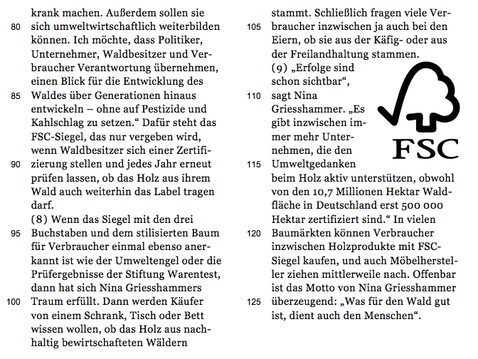 1. Welche Aussage(n) stimmt/stimmen mit dem 1. und 2. Absatz uberein? 1. Als Erwachsene hat Nina Griesshammer den Wunsch Ihrer Kindheit in die Tat umgesetzt. 2. Als kind machte Nina Griesshammer sich noch keine Gedanken uber Naturschutz.