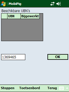 Kies een UBN Als u MobiPig voor de eerste keer gebruikt, ziet u het scherm hieronder, met een lege tabel UBN s: Type nu uw UBN-nummer in.