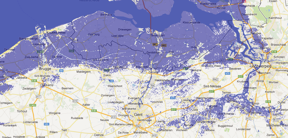 Zeespiegelstijging verzilting: druk op ecosystemen druk op oppervlaktewaterwinningen impact afwatering Gentse kanalen (overstromingen) Scenario s project Vlaamse Baaien: tegen 2050: + 24 tot