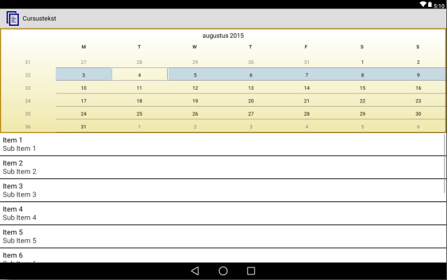 Android fragmenten 3/5 public View oncreateview(layoutinflater inflater, ViewGroup container, Bundle savedinstancestate) { return inflater.inflate(r.layout.fragment_kalender, container, false); <LinearLayout xmlns:android="http://schemas.