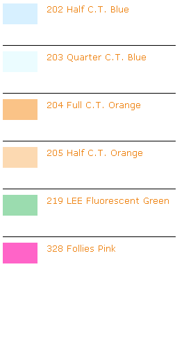 Kleurenfilters LEE 100 Spring Yellow 101 Yellow 102 Light Amber 103 Straw 104 Deep Amber 105 Orange 106 Primary Red 107 Light Rosa 109 Light Salmon 110 Middle Rose 111 Dark Pink 113 Magenta 115