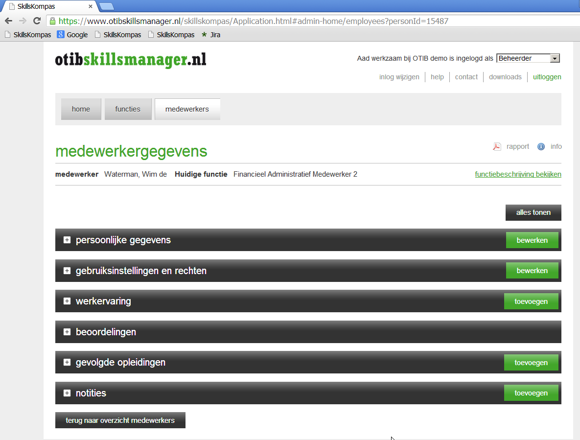 Ga naar www.otibskillsmanager.nl en log in Klik op het menu Medewerkers Selecteer de medewerker die u wilt bewerken en klik op bewerken U komt terecht op de pagina medewerkergegevens.