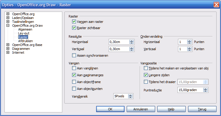 De afstand tussen de punten wordt gedefiniëerd in het dialoogvenster Raster onder Resolutie, dat u als volgt vindt: Extra > Opties > OpenOffice.org Draw > Raster. Afbeelding 10.