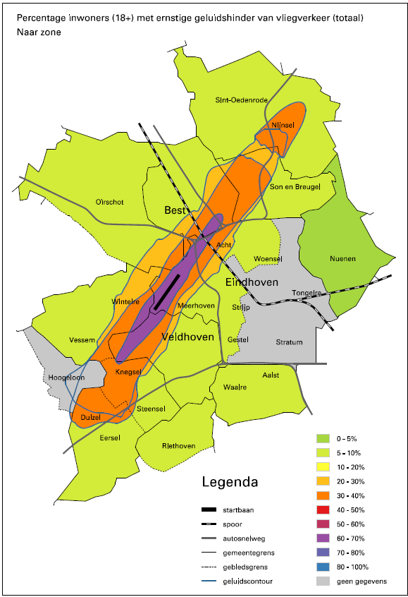 ervaren. Ook wordt er veel hinder ervaren in de delen van Eindhoven en Veldhoven die dicht bij de landingsbaan liggen. 8 Figuur 4.