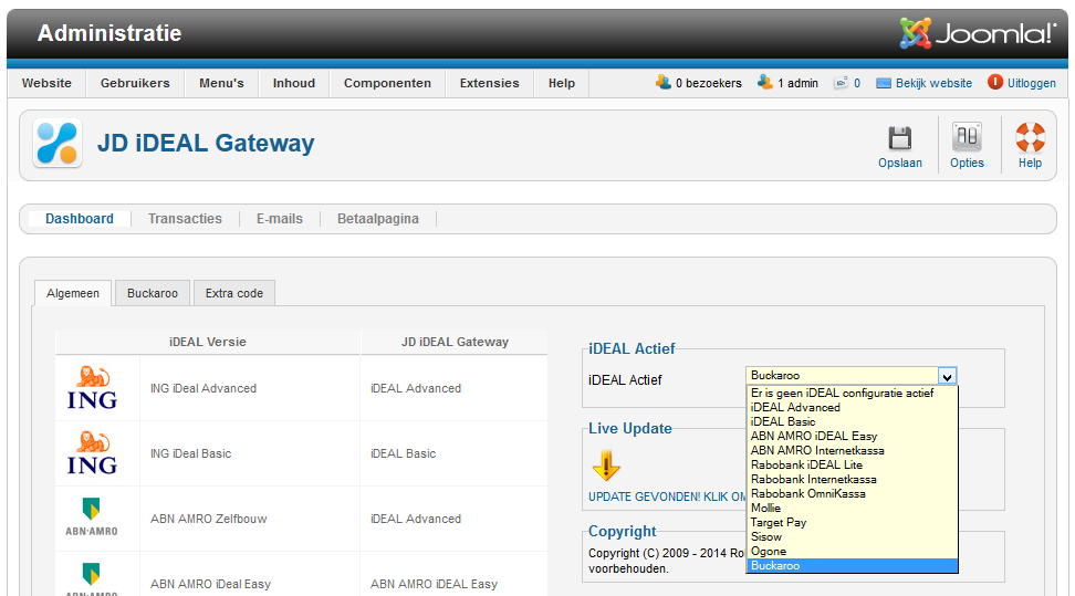 We zullen de installatie per ideal versie gaan bespreken. Let dus op welk ideal abonnement u met uw bank heeft afgesloten. Ga naar het component JD ideal Gateway binnen Joomla!