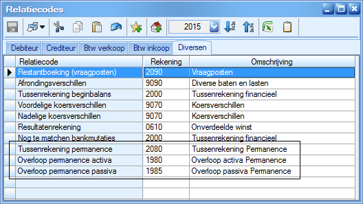 4.2.2 Koppelen van de Permanence-rekeningen aan relatiecodes Voor de Permanence-boekingen moeten de tussenrekening en de beide rekeningen voor de overloop naar volgende boekjaren gekoppeld worden aan