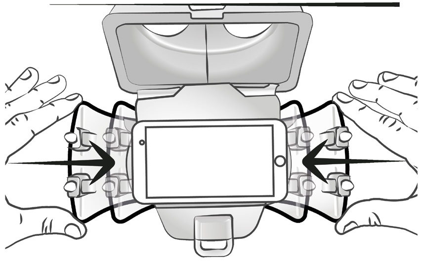 Stem de horizontale as van uw smartphonescherm af op de horizontale oranje lijnen die staan afgebeeld aan de zijkant van het kliksysteem van de Freefly VR; b.