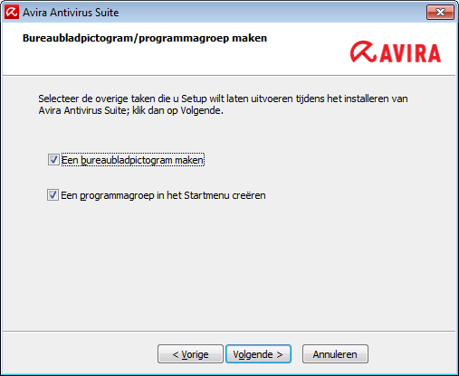 Installatie en de-installatie Om een bureaubladpictogram voor Avira Antivirus Suite en/of een programmagroep te maken in het menu Start laat u de optie(s) geactiveerd. 3.7.