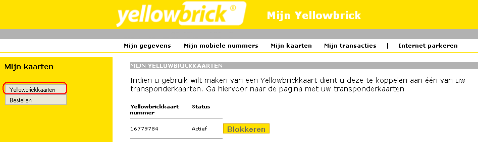 Het blokkeren van een transponderkaart U kunt via 'Mijn Yellowbrick' een transponderkaart blokkeren indien deze is verloren of gestolen.