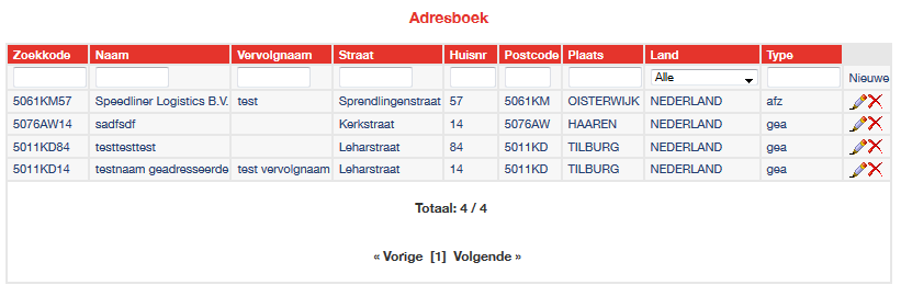 Adresboek Bij het boeken van een zending kunt u via het loepje bij zoekcode een adres opzoeken uit uw adresboek. Dit adresboek wordt gevuld door alle zendingen die u in het verleden hebt ingevoerd.