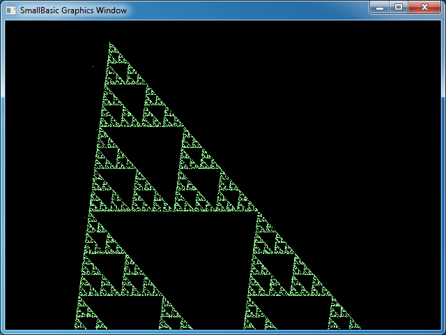 Afbeelding 36 Een driehoekfractal Als je goed wilt zien hoe de fractal langzaam uit puntjes wordt gevormd, kun je de lus vertragen met de bewerking Program.Delay.
