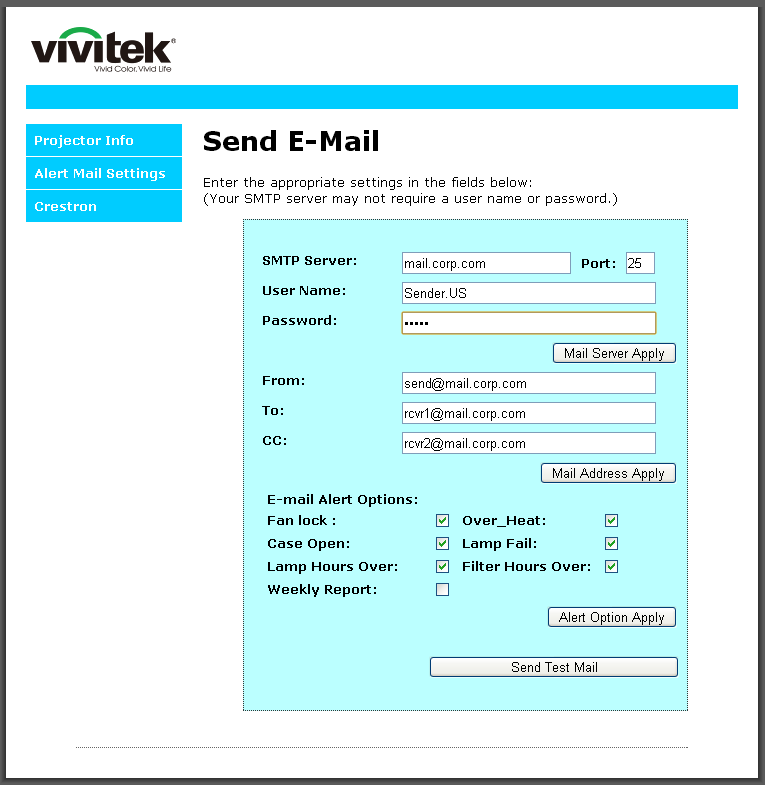 4. Voor het versturen van een waarschuwingsmail voert u het volgende in: DLP Beamer Gebruikershandleiding Het veld SMTP is de mailserver voor het versturen van e-mail (SMTP-protocol).