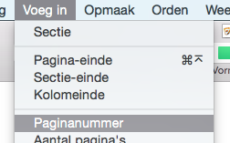 In het Infovenster gaat u naar Document en kiest u voor Sectie. U ziet nu het kopje Paginanummering. Zet een vinkje bij Begin met en vul een nummer in waarmee je wilt beginnen.