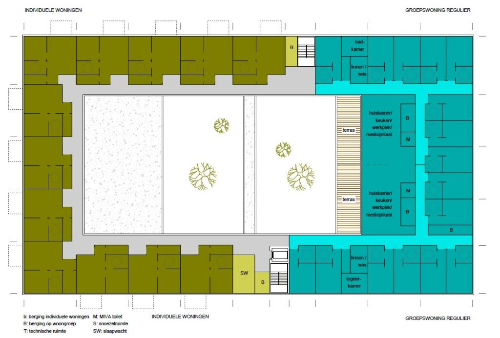 Eerste verdieping nieuwbouw Buitenruimte en indeling plangebied Door de carré-vorm van het gebouw, beschikt het complex inpandig over een afgesloten buitenterrein dat gebruikt zal worden voor het