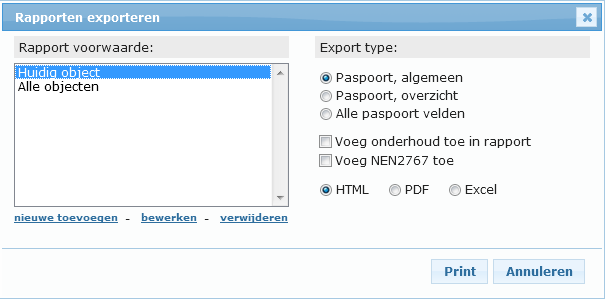 4.9. Gegevens toevoegen/aanpassen. Selecteer een object en klik op Paspoort - Aanpassen om het paspoort van een object te wijzigen. Pas per tabblad de gewenste gegevens aan.