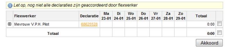 Wanneer u in het urenportaal kiest voor de filterinstelling openstaande declaraties, ziet u de declaraties gesorteerd per week, met de meest recente staat bovenaan.