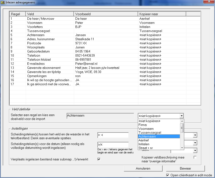 worden gekopieerd. U doet dit door op de regel te klikken en vervolgens in de list box het betreffende veld te kiezen. Zo loopt u de hele lijst door.