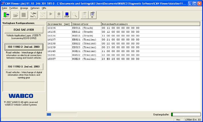 Programma-interface CAN-Viewer 3 3 Programma-interface Tijdmarkering CAN-melding Identifier van de CAN-melding Menu Menuknoppen Beschikbare configuraties Geladen configuratie CAN-meldingen als