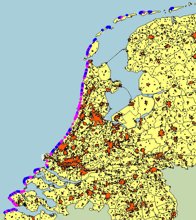 Kaart 2.2 Recreatief gebruik Noordzeestranden Roze punten = economische activiteit op het strand Blauwe punten = economische activiteit achter het strand Kader 2.