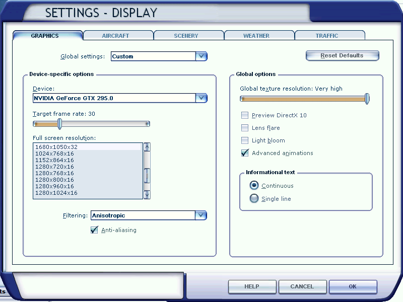 Afbeelding 1: het beeldscherm menu In dit venster stelt u de device specific options eenmalig via FSX in.