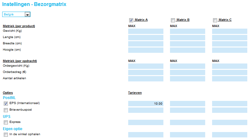 België instellingen 2.3 Eigen optie: U kunt ook Eigen opties aanvragen bij Paazl.