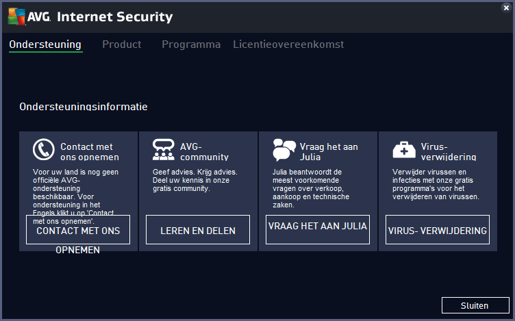 3.3.1.3. Ondersteuning Hiermee opent u een nieuw dialoogvenster met vier tabbladen waar u alle relevante informatie over AVG Internet Security 2015 kunt vinden: Ondersteuning - dit tabblad bevat een