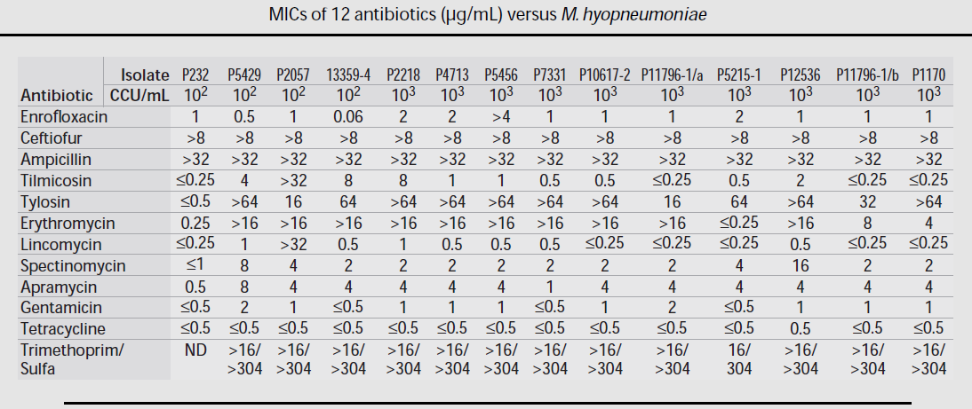 Tabel 2: Tabel met de minimale inhibitorische concentraties van verschillende antibiotica voor de behandeling tegen M. hyopneumoniae. Cephalosporines en penicilines zijn niet werkzaam tegen M.