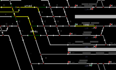 Afbeelding 12: situatie om 16:05:25 Trein 59901 Trein 17450 Trein 17450 buigt af richting trein 59901; de machinist van trein 17450 voert een snelremming uit.