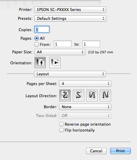 U Afdrukken (Windows) op pagina 49 Instellingen opgeven in Mac OS X Selecteer in het afdrukvenster de optie Layout A (Lay-out) in de lijst en geef het aantal pagina's per vel enzovoort op.
