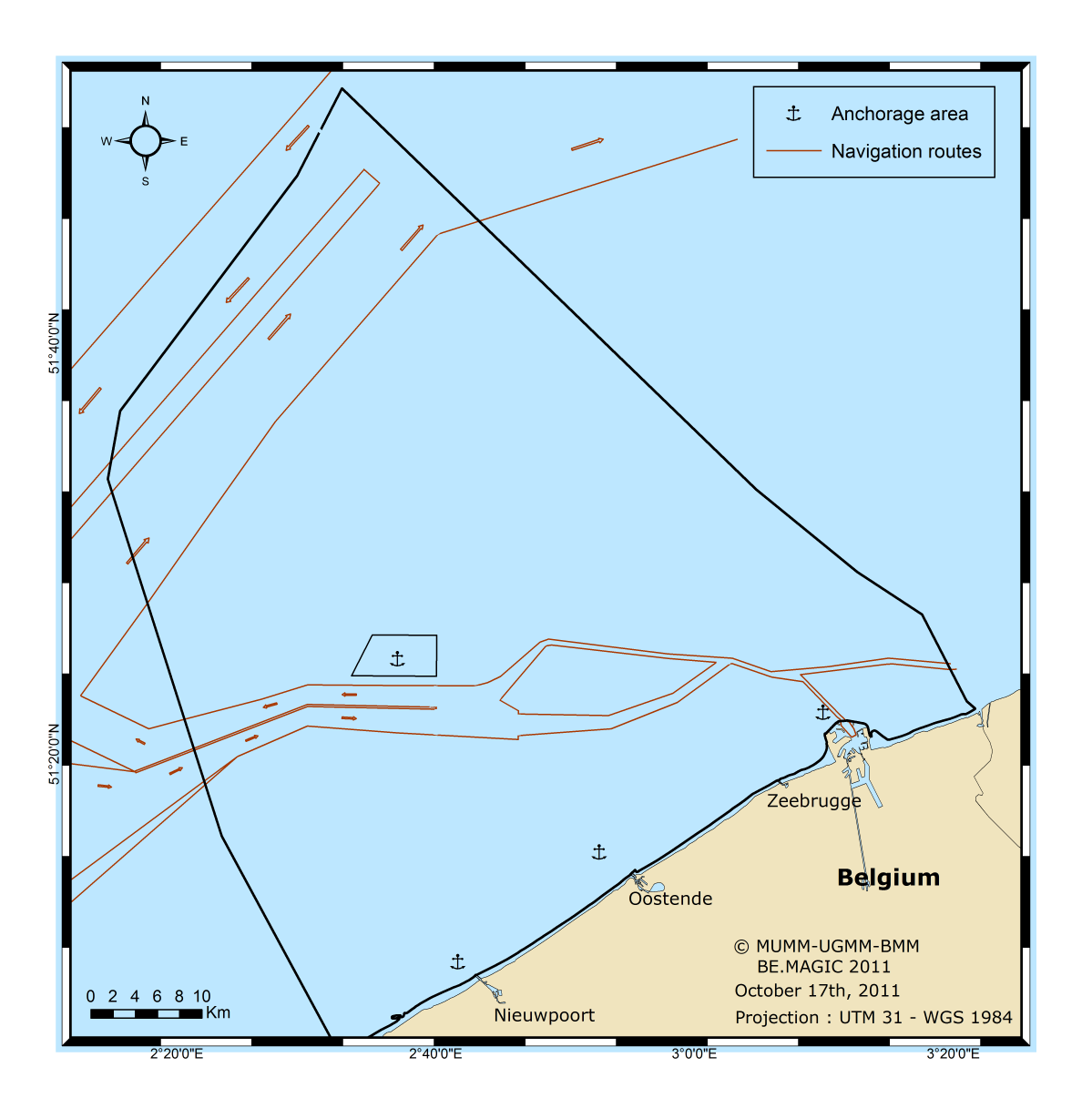 Afbeelding 10-1: Navigatieroutes en ankergebieden Belgische vloot De handelsvloot die onder Belgische vlag vaart, vertegenwoordigt een GT van meer dan 4 miljoen en een DWT van meer dan 6,5 miljoen,