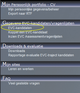 Afbeelding 8 Gegevens inzien van EVC-kandidaten Klik in het snelmenu op EVC-kandidaten (afbeelding 8). In het vervolgscherm ziet u de aan u gekoppelde EVC-kandidaten (afbeelding 9):.