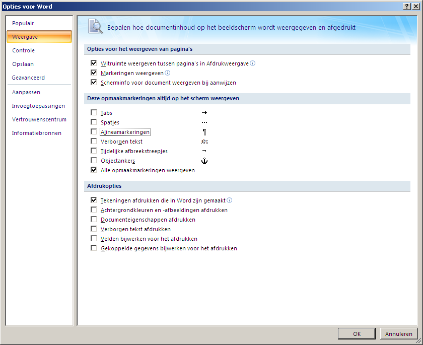 2.1.5.2 Weergave Kies in het linkerdeel van het venster Opties vr Wrd vr Weergave 2.1.5.2.1 Witruimte weergeven tussen pagina's in Afdrukweergave Schakel deze ptie in m de bven- en ndermarges van de pagina weer te geven, inclusief de inhud van kp- en vetteksten.